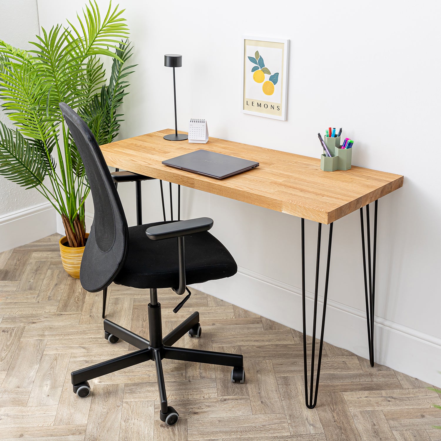 Oak Solid Wood Desk with Black Hairpin Legs 40mm thick desktop