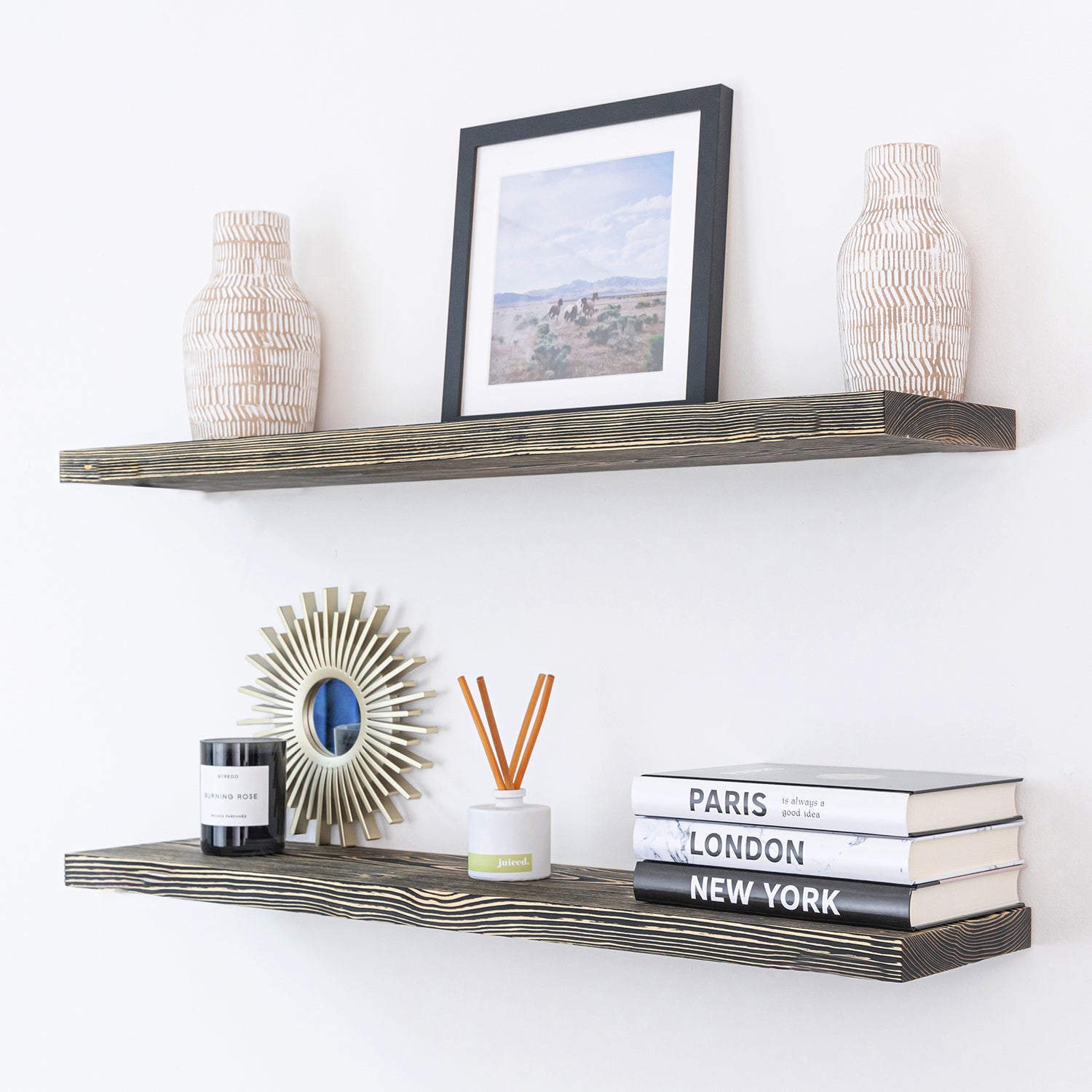 Dark wood 2024 floating shelves