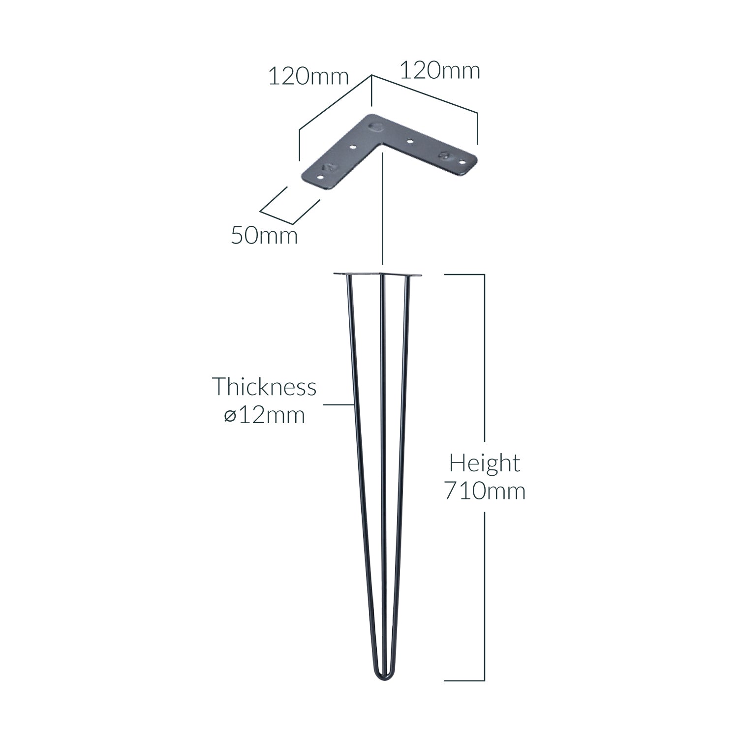 Black Hairpin Leg 3 Shoulders 71cm - Dimensions