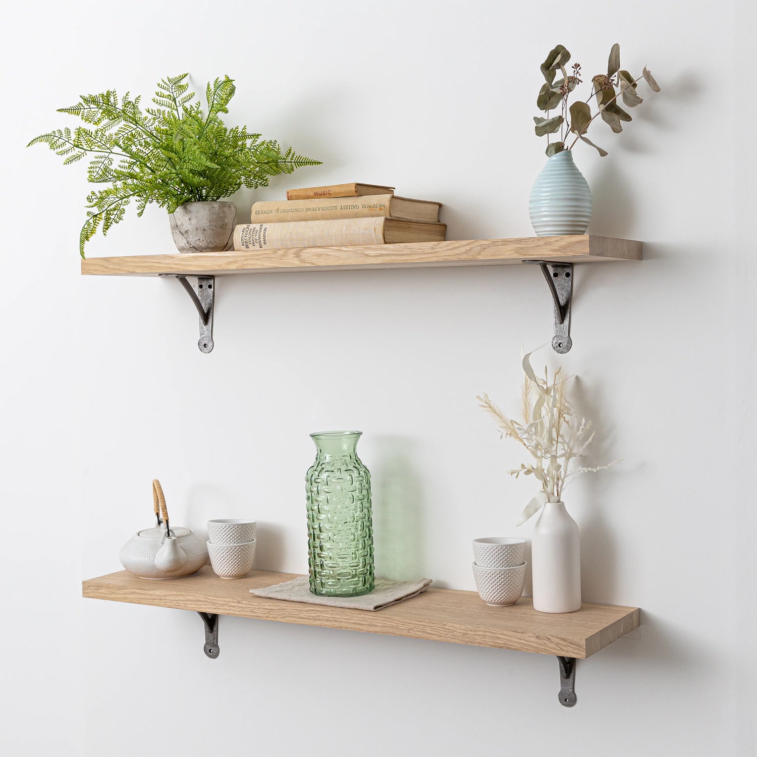 Full Stave Prime Oak Solid Wood Shelf (Sanded) - 27mm thick with Antique Iron Hand-Forged Gallows Shelf Brackets