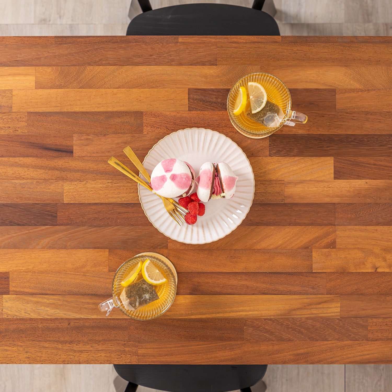 Iroko Solid Wood Table with Black Twin Pedestal Cast Iron Table Base