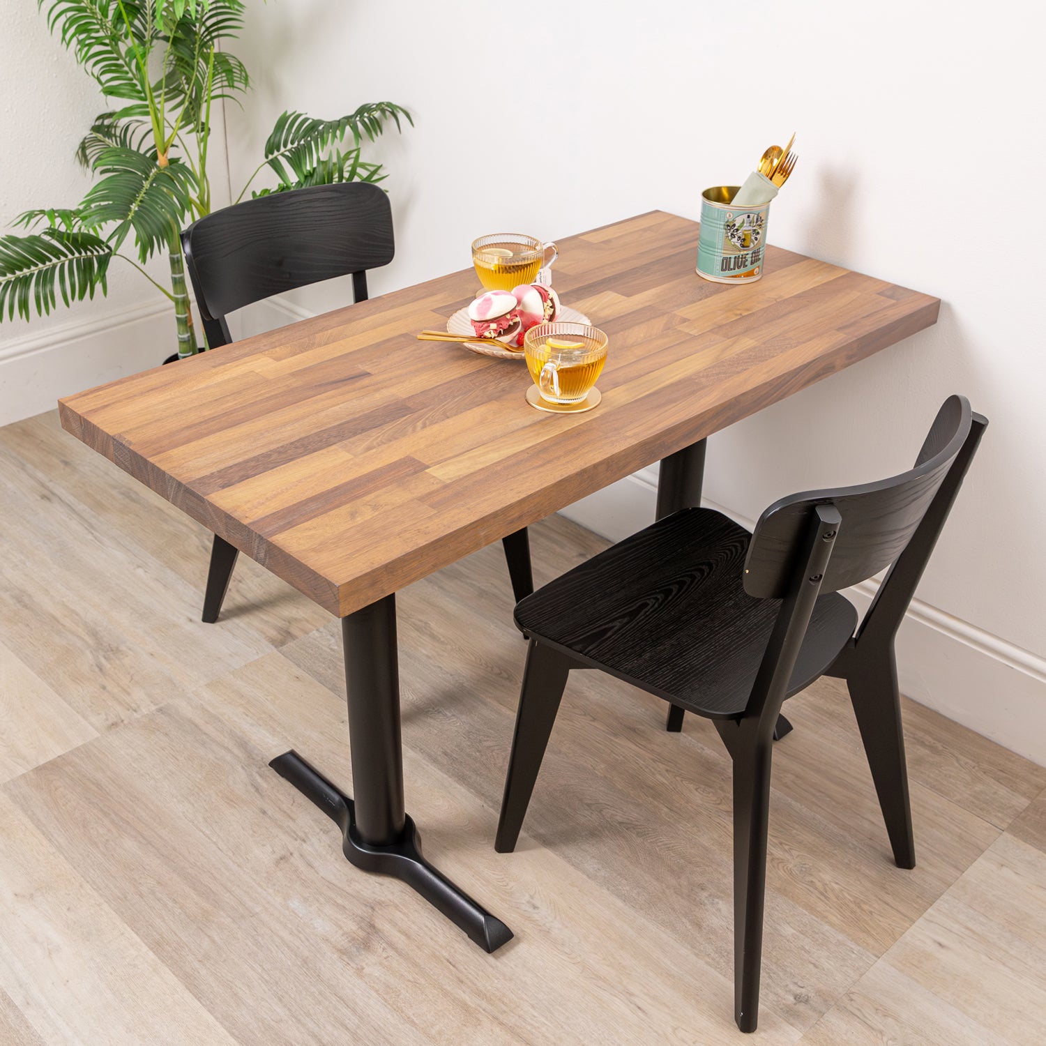 Iroko Solid Wood Table with Black Twin Pedestal Cast Iron Table Base (Sanded)