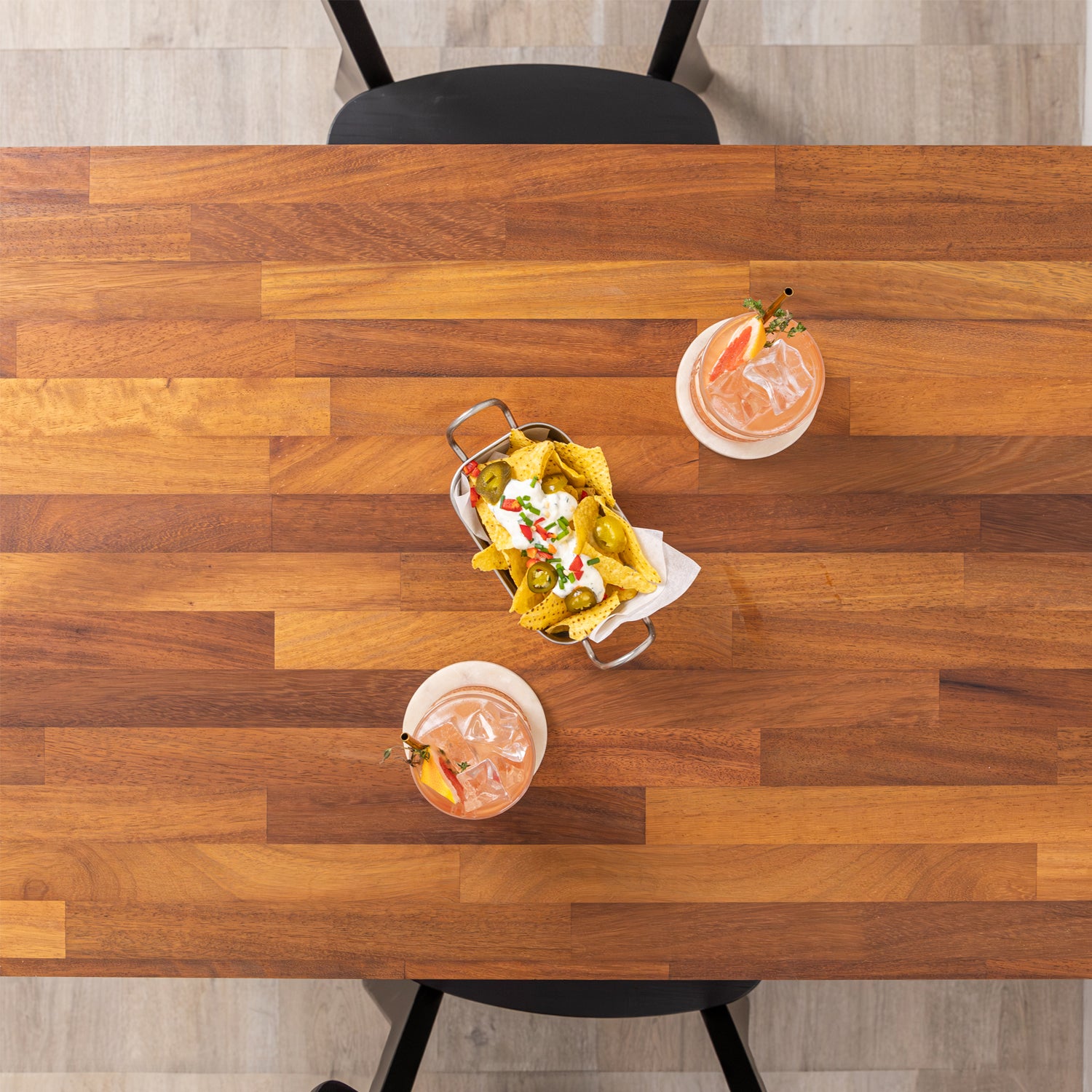 Iroko Solid Wood Table with Square Metal Legs