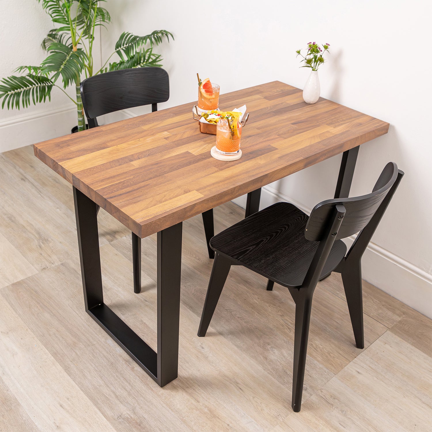 Iroko Solid Wood Table with Square Metal Legs (Sanded)