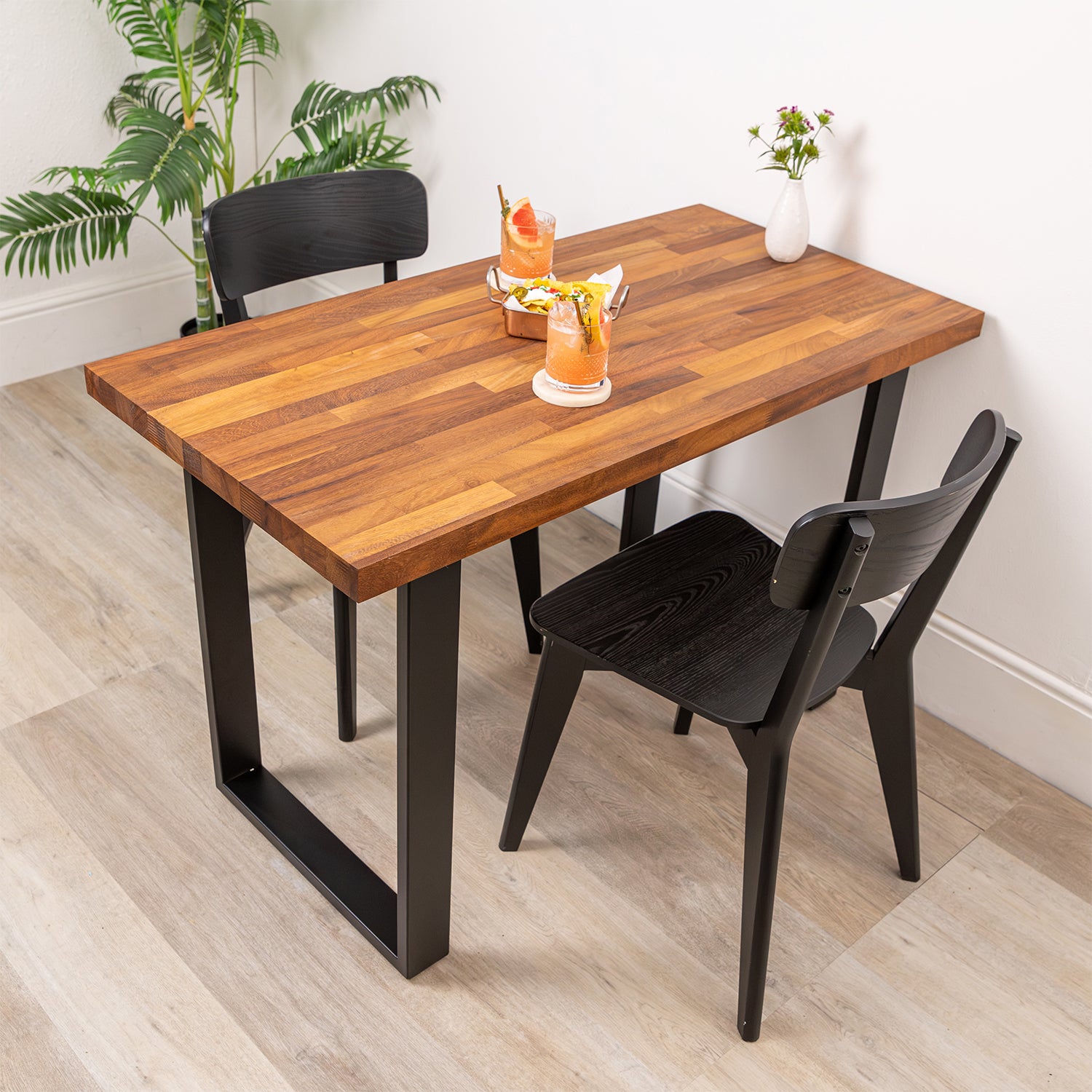 Iroko Solid Wood Table with Square Metal Legs