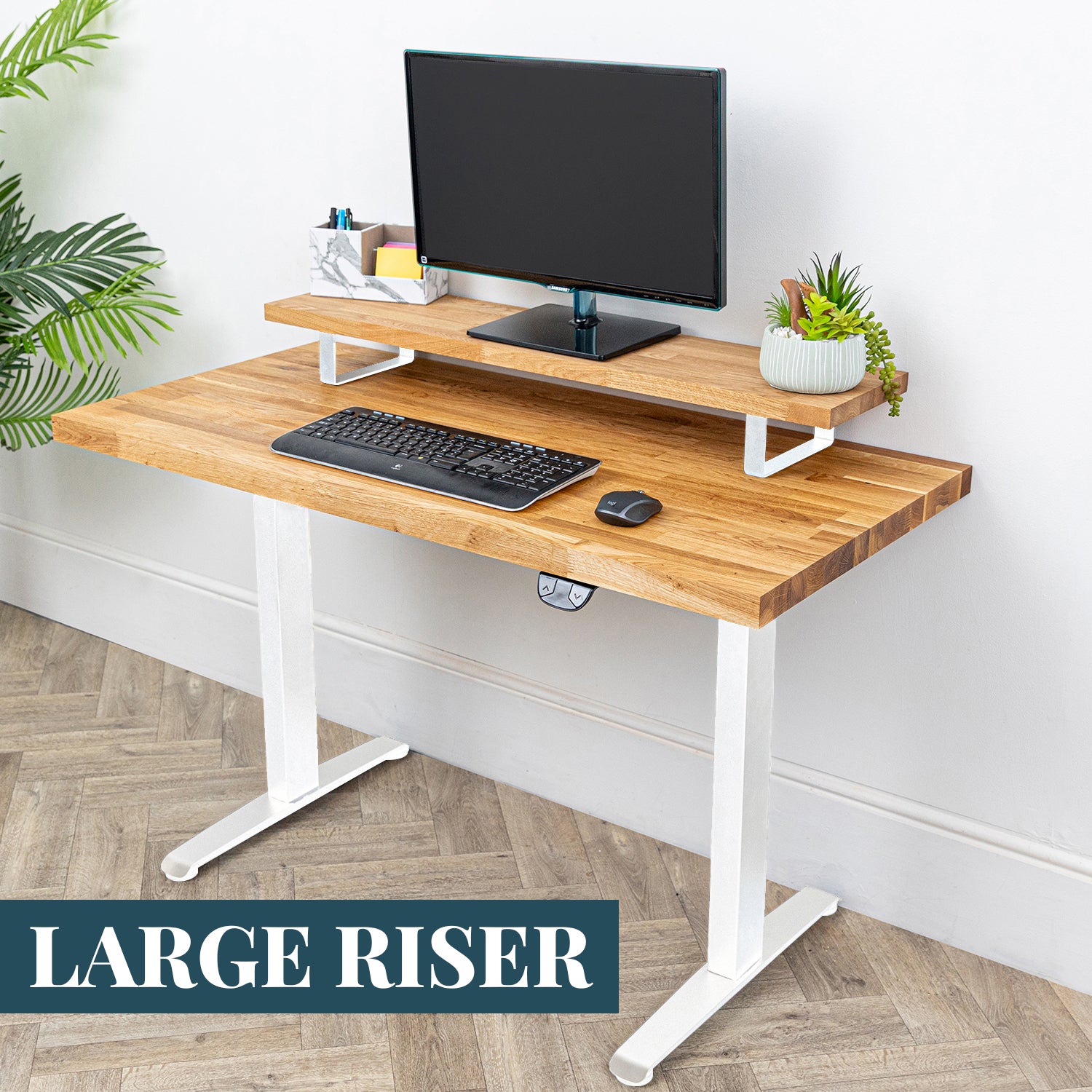 Oak Solid Wood Monitor Stand with White Metal Legs