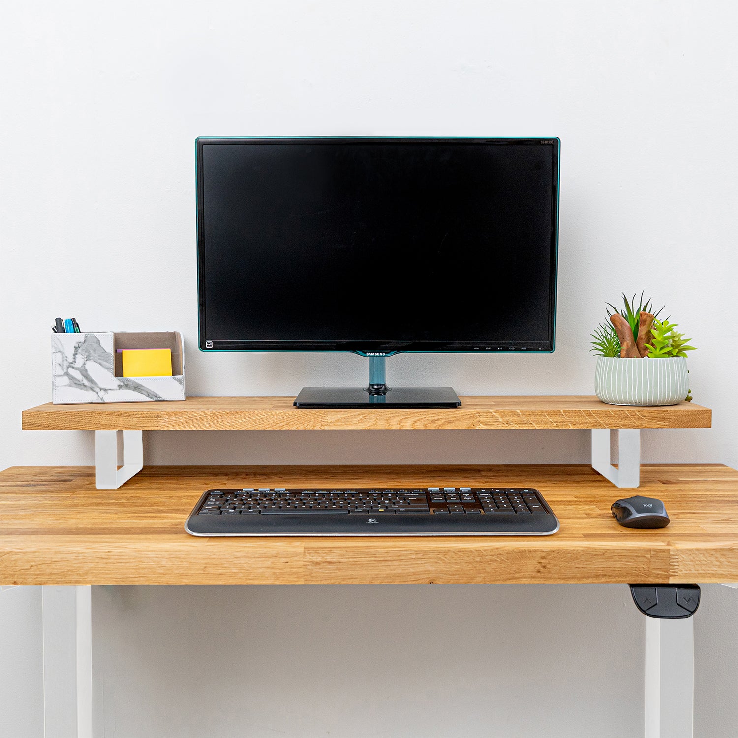 Oak Solid Wood Monitor Stand with White Metal Legs