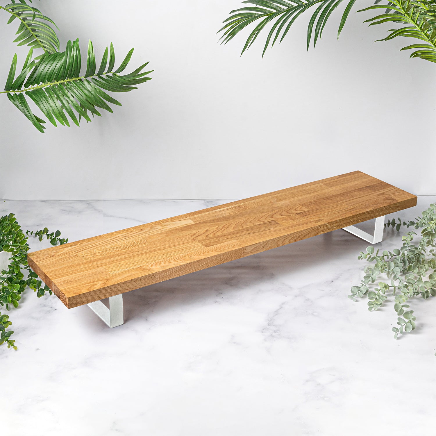 Oak Solid Wood Monitor Stand with White Metal Legs