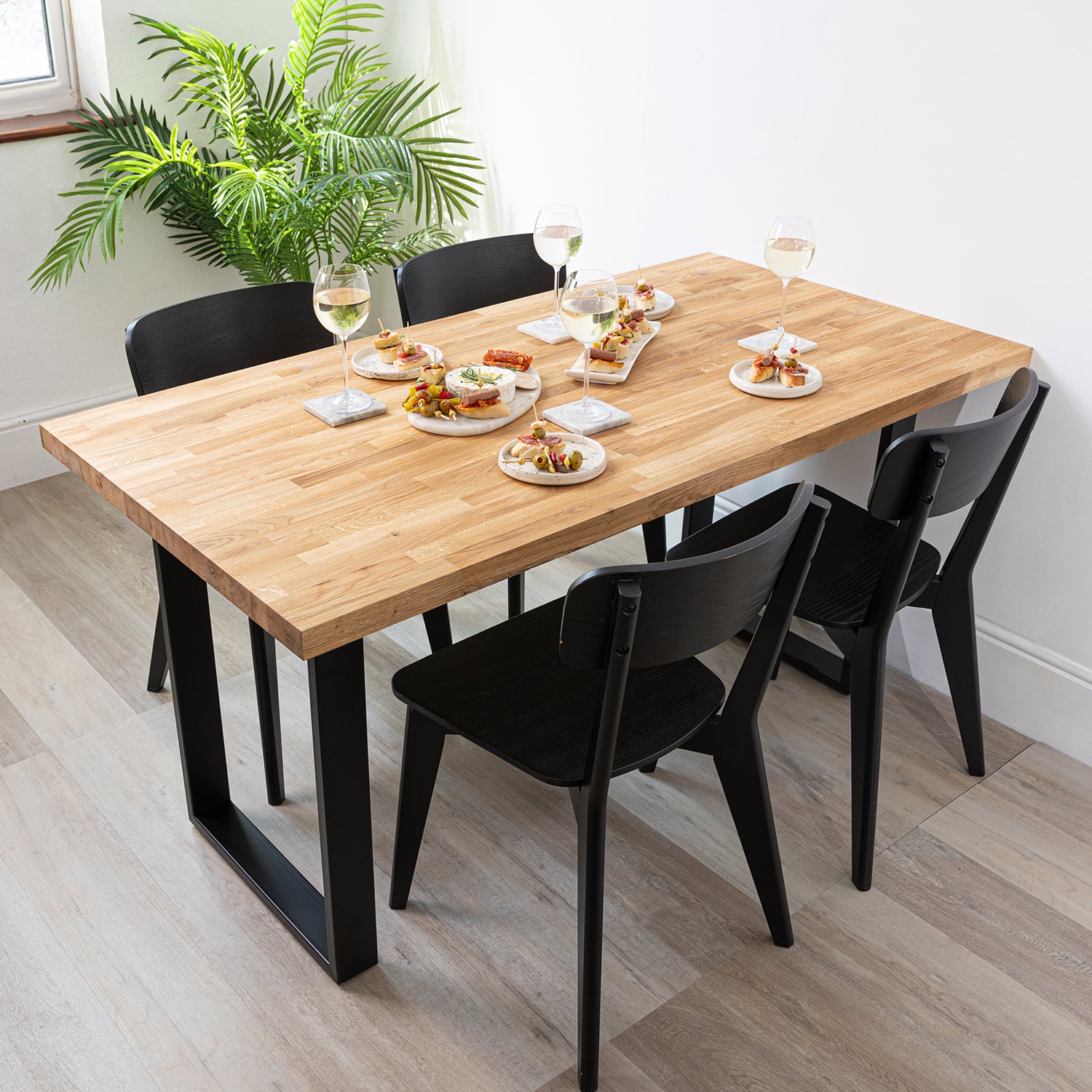 Oak Solid Wood Table with Square Metal Legs