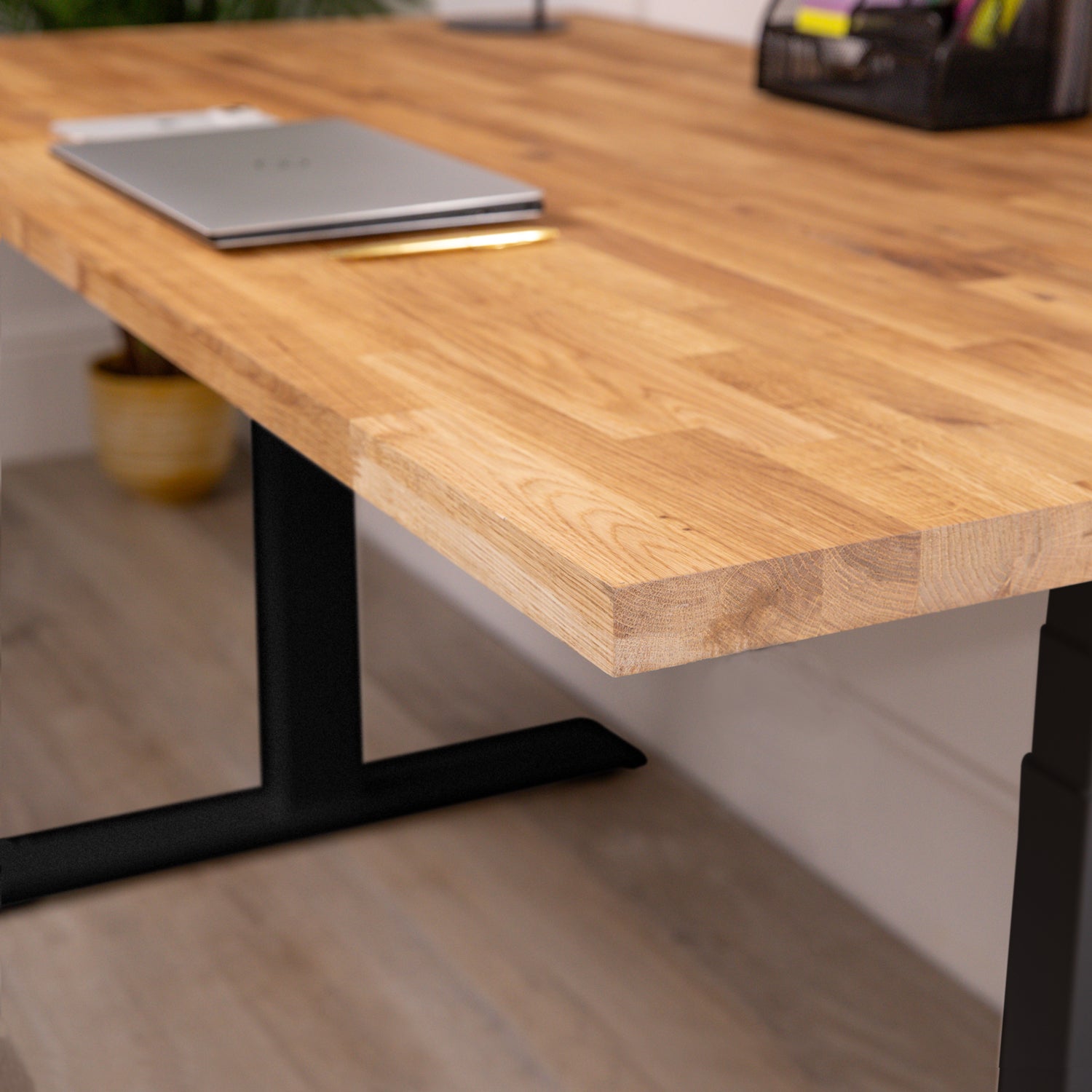 Premium Black Sit Stand Electric Desk with Oak Wooden Desktop
