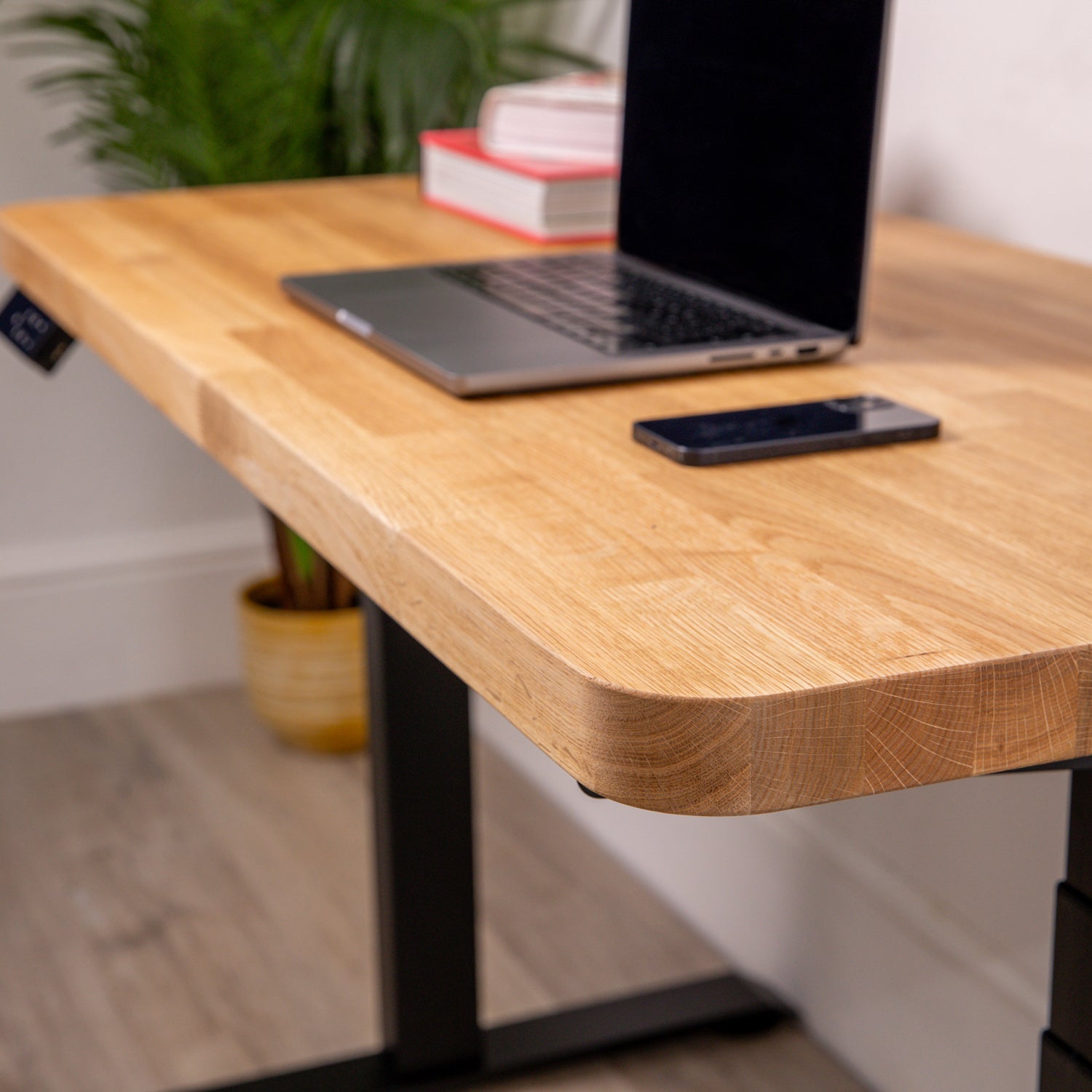 Premium Black Sit Stand Electric Desk with Prime Oak Wooden Desktop