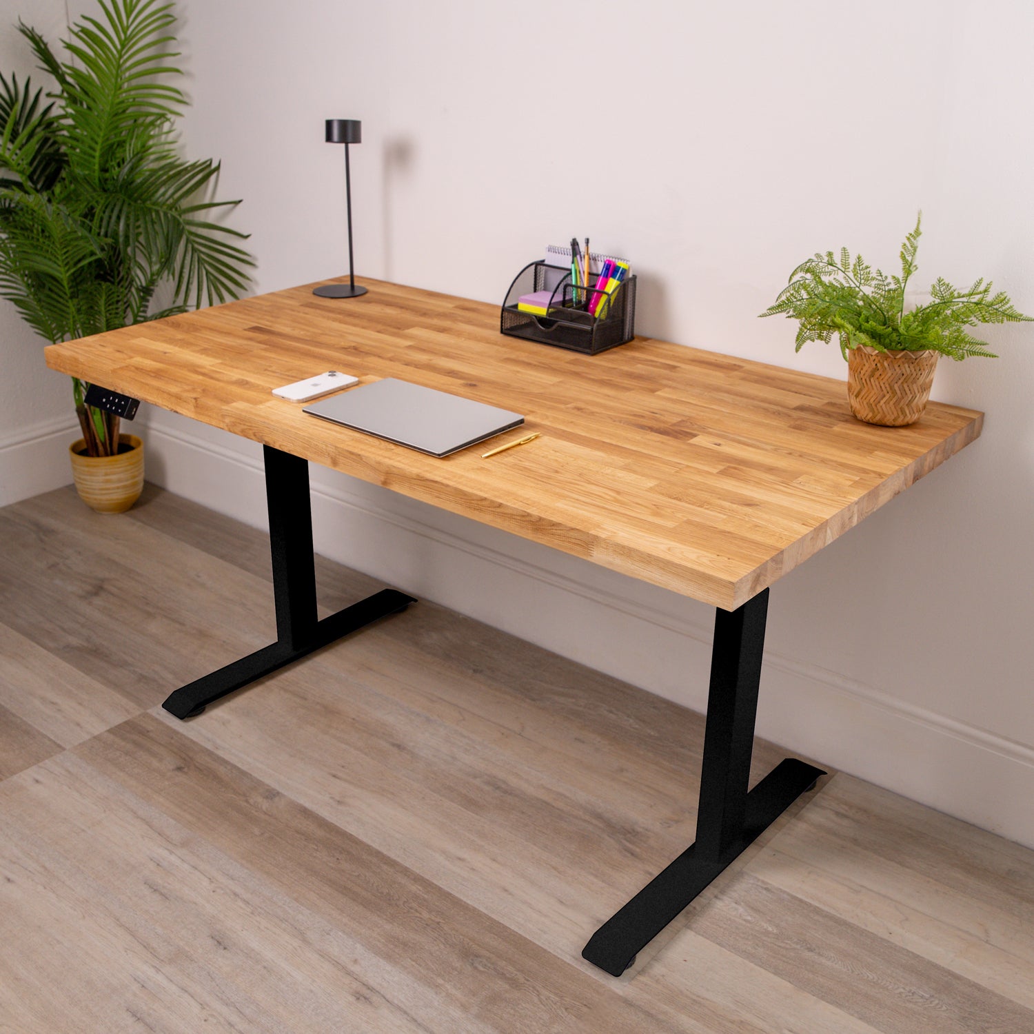 Premium Dual Motor Black Standing Desk with Oak Solid Wood Desktop