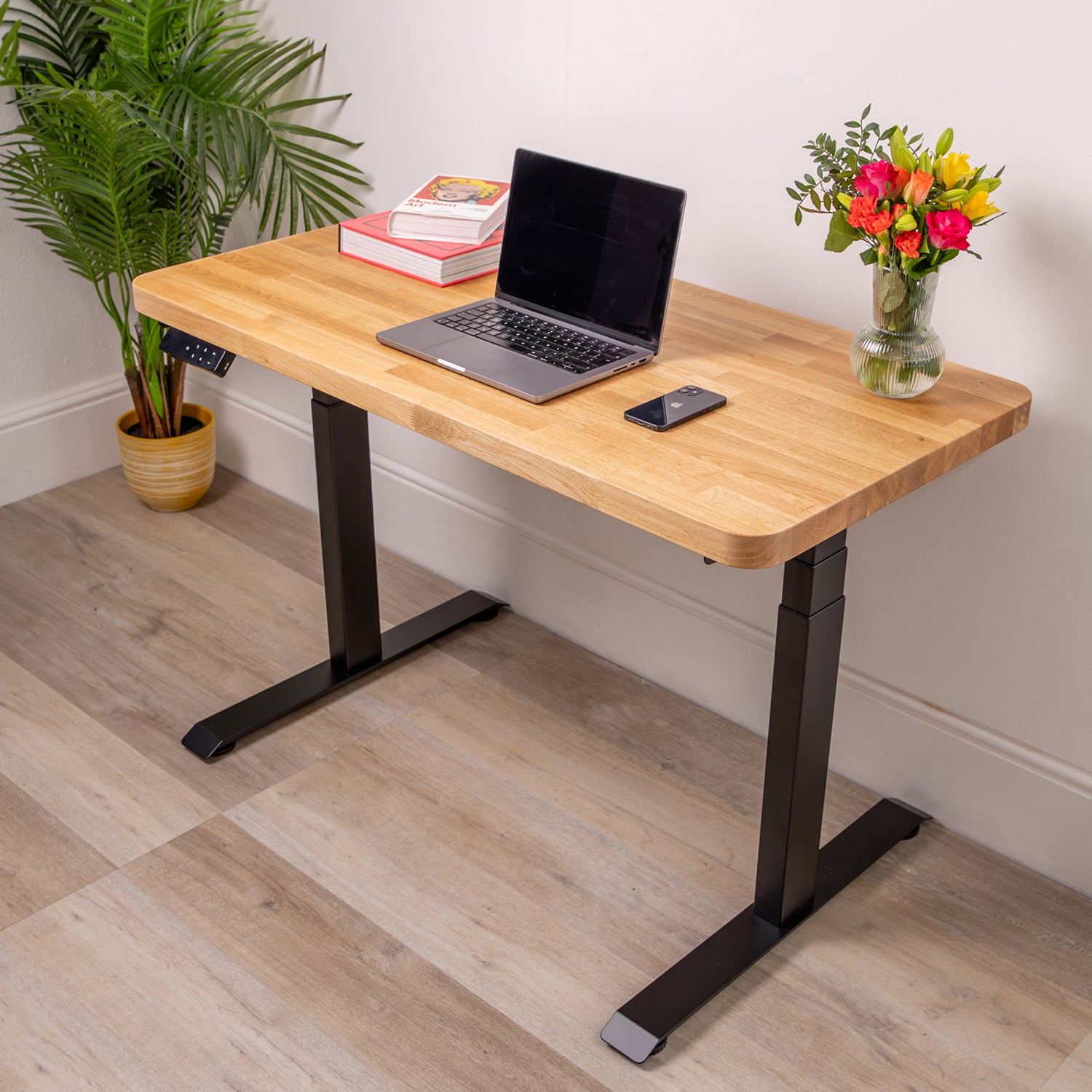 Premium Dual Motor Black Standing Desk with Prime Oak Solid Wood Rounded Desktop