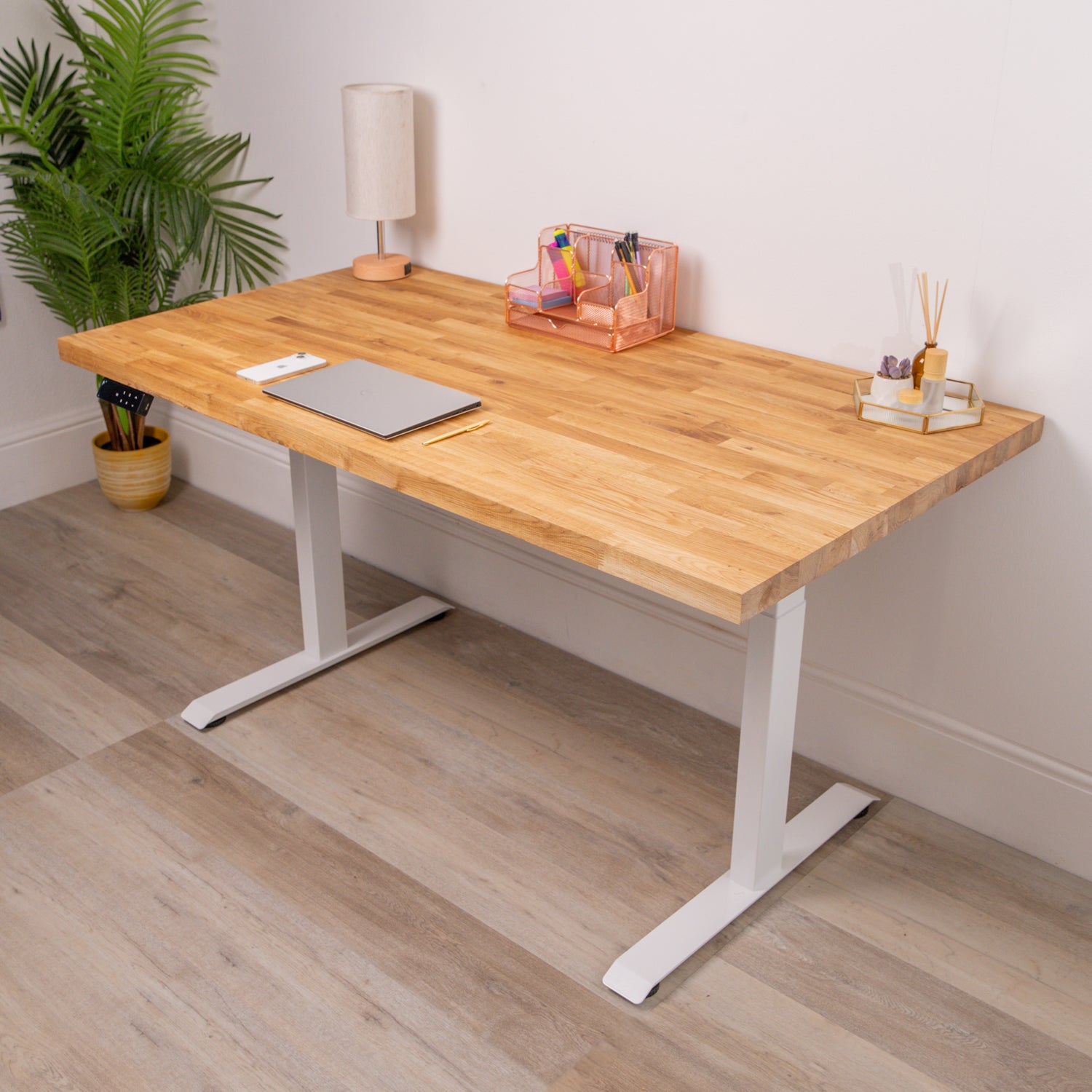 Premium Dual Motor White Standing Desk with Oak Solid Wood Desktop