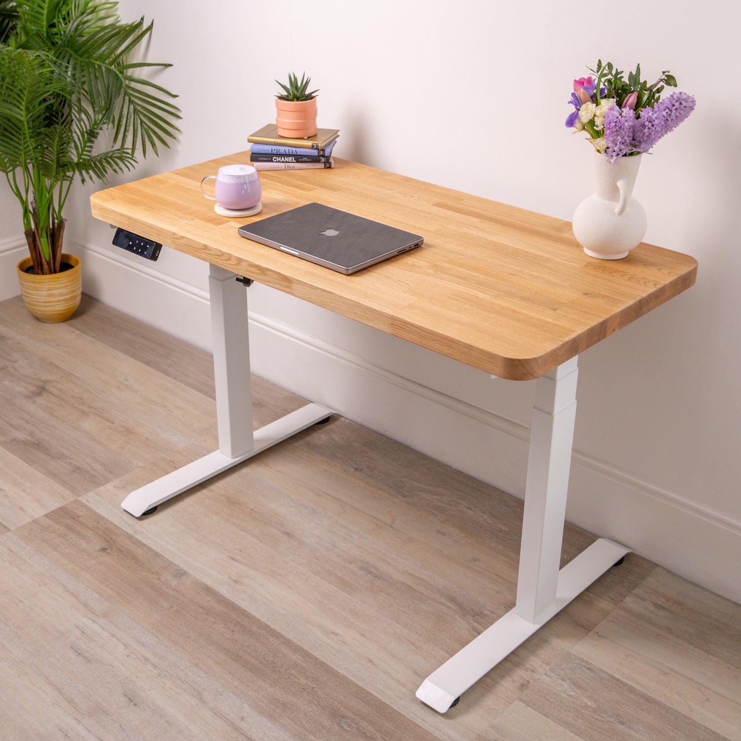 Premium Dual Motor White Standing Desk with Prime Oak Solid Wood Rounded Desktop