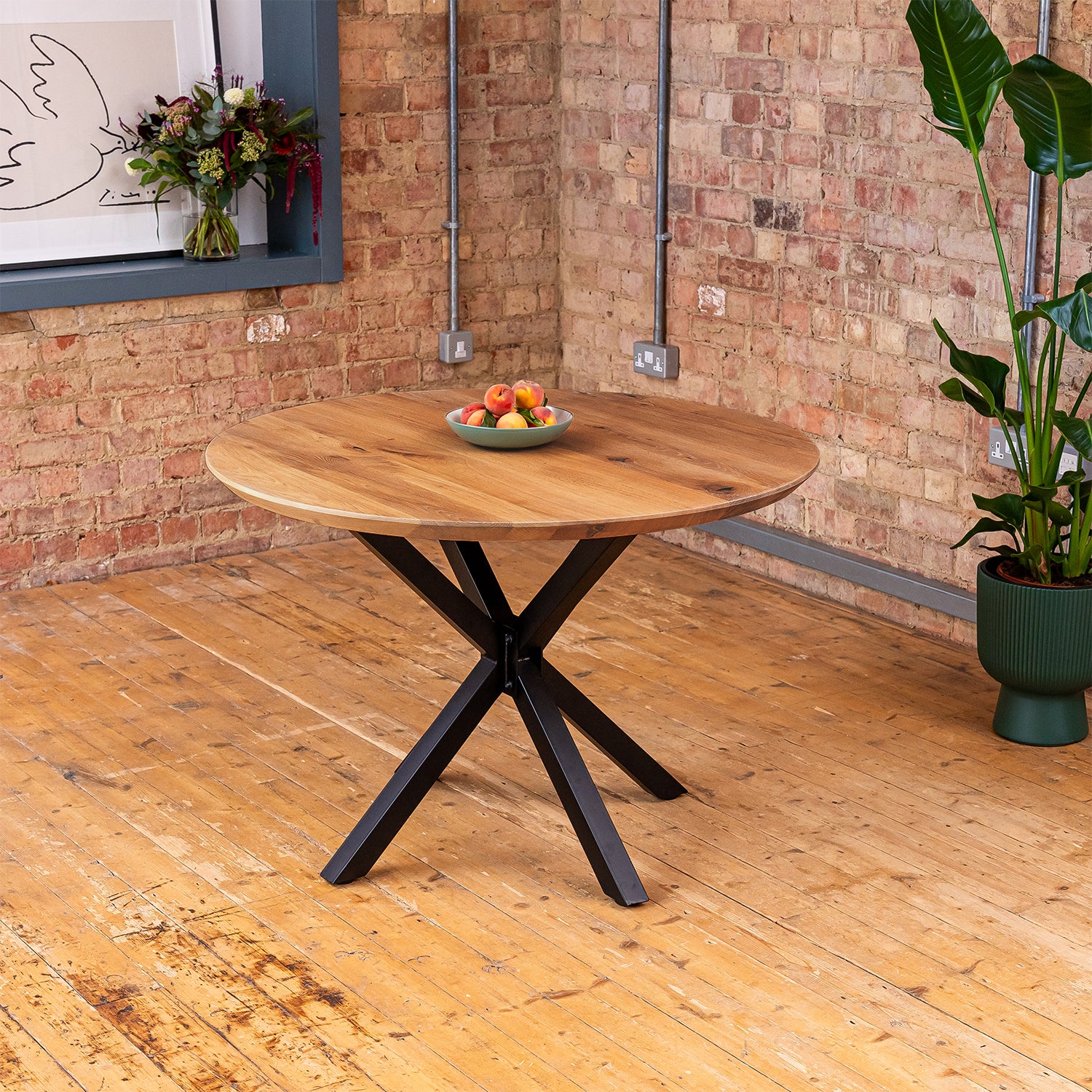 Premium Solid Oak Round Dining Table - Antique Bronze