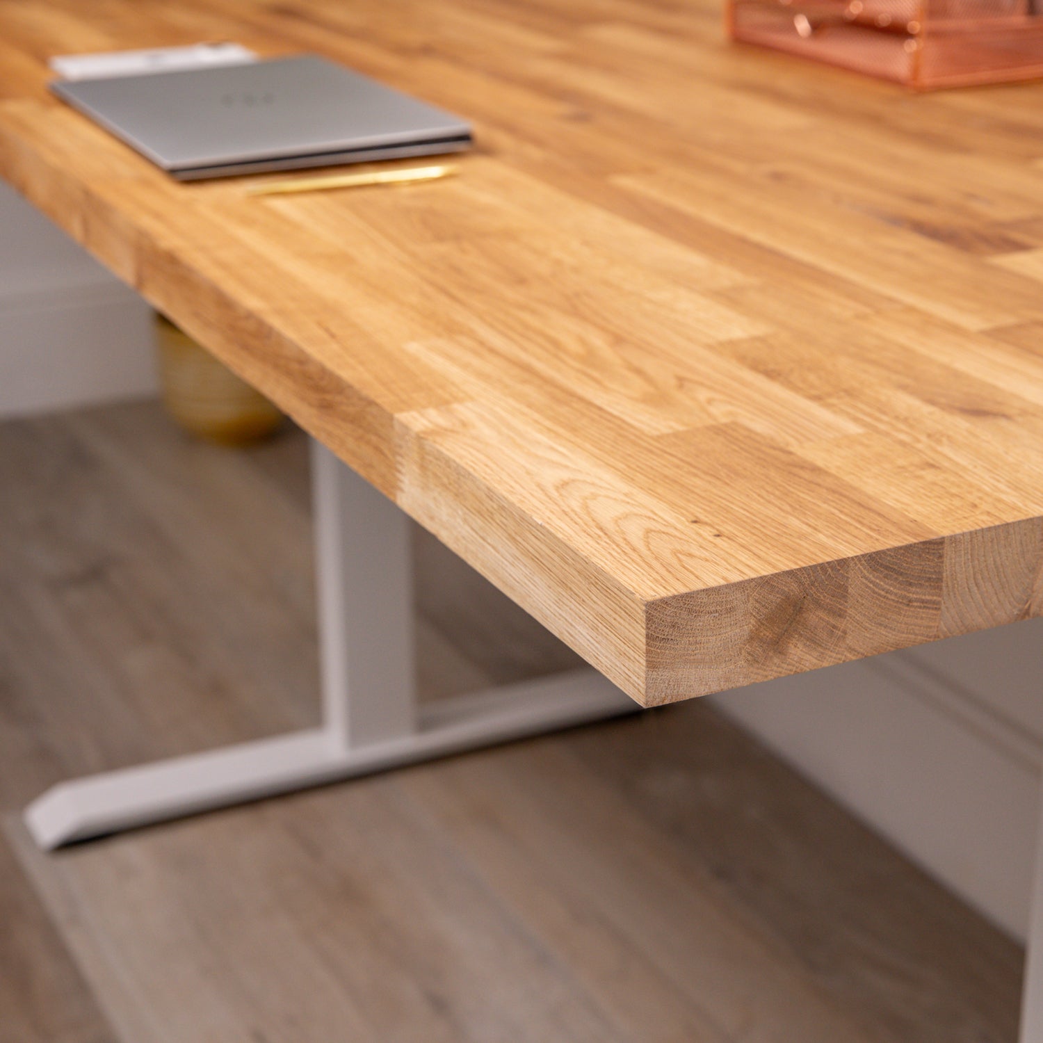 Premium White Sit Stand Electric Desk with Oak Wooden Desktop
