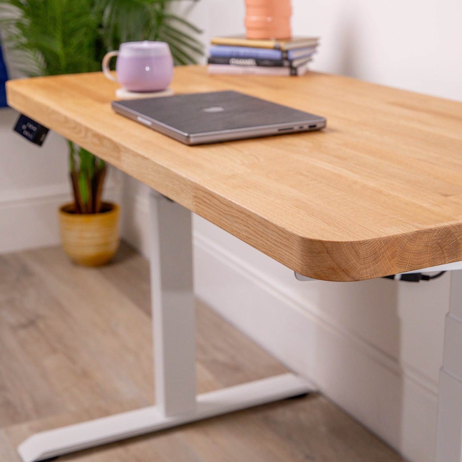 Premium White Sit Stand Electric Desk with Prime Oak Wooden Desktop