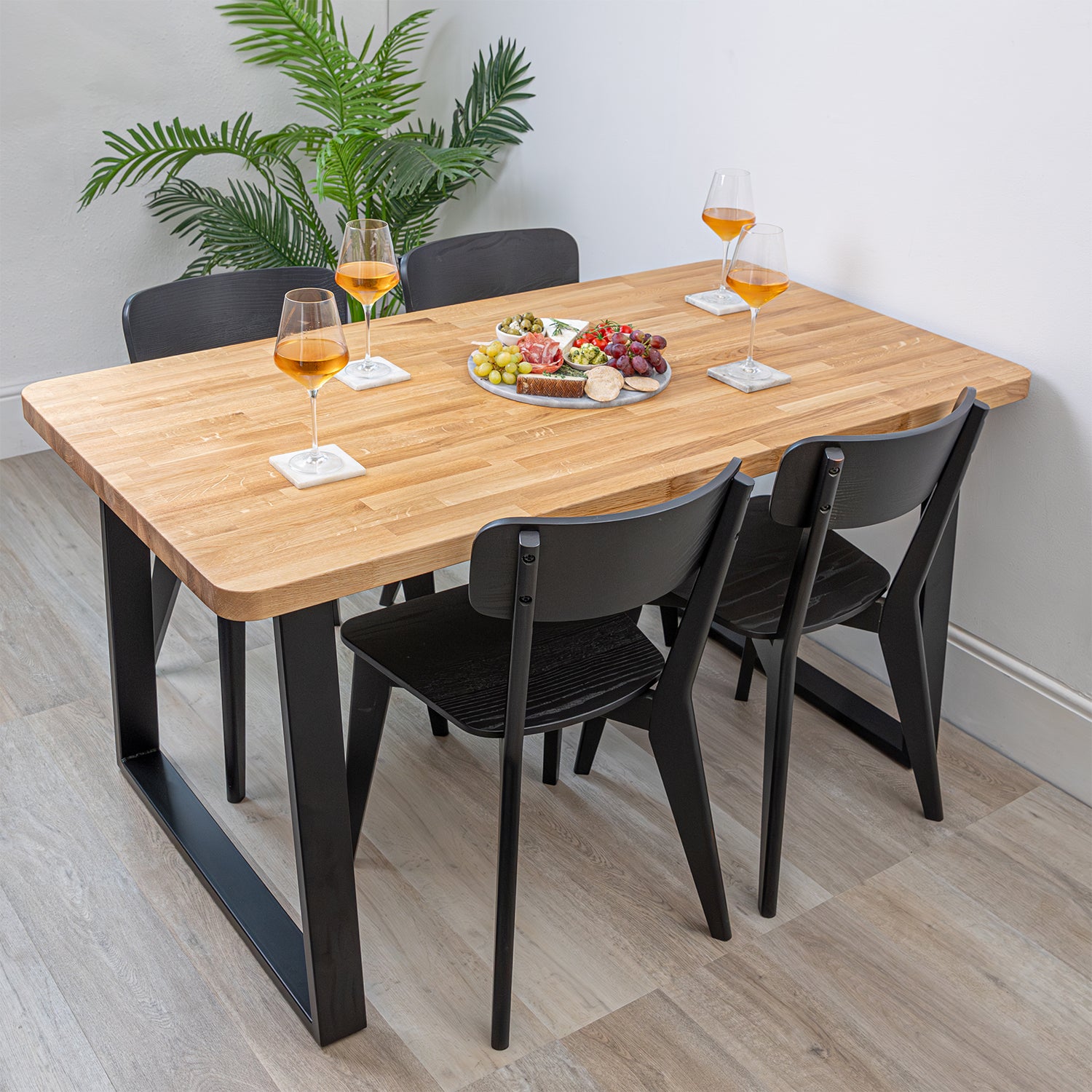 Prime Oak Solid Wood Rounded Table with Trapezium Metal Legs