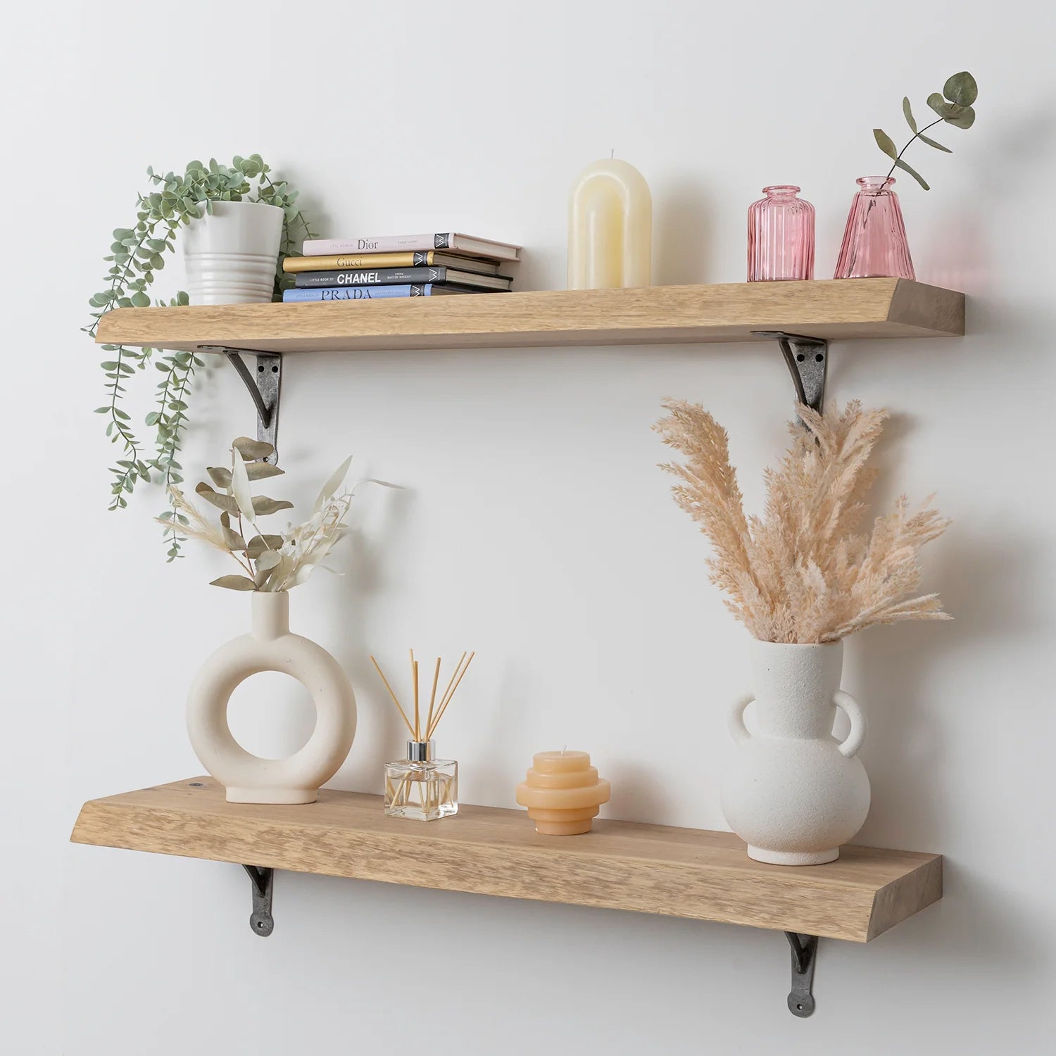 Solid Oak Live Edge Shelf (Sanded) - 40mm thick with Antique Iron Hand-Forged Gallows Shelf Brackets