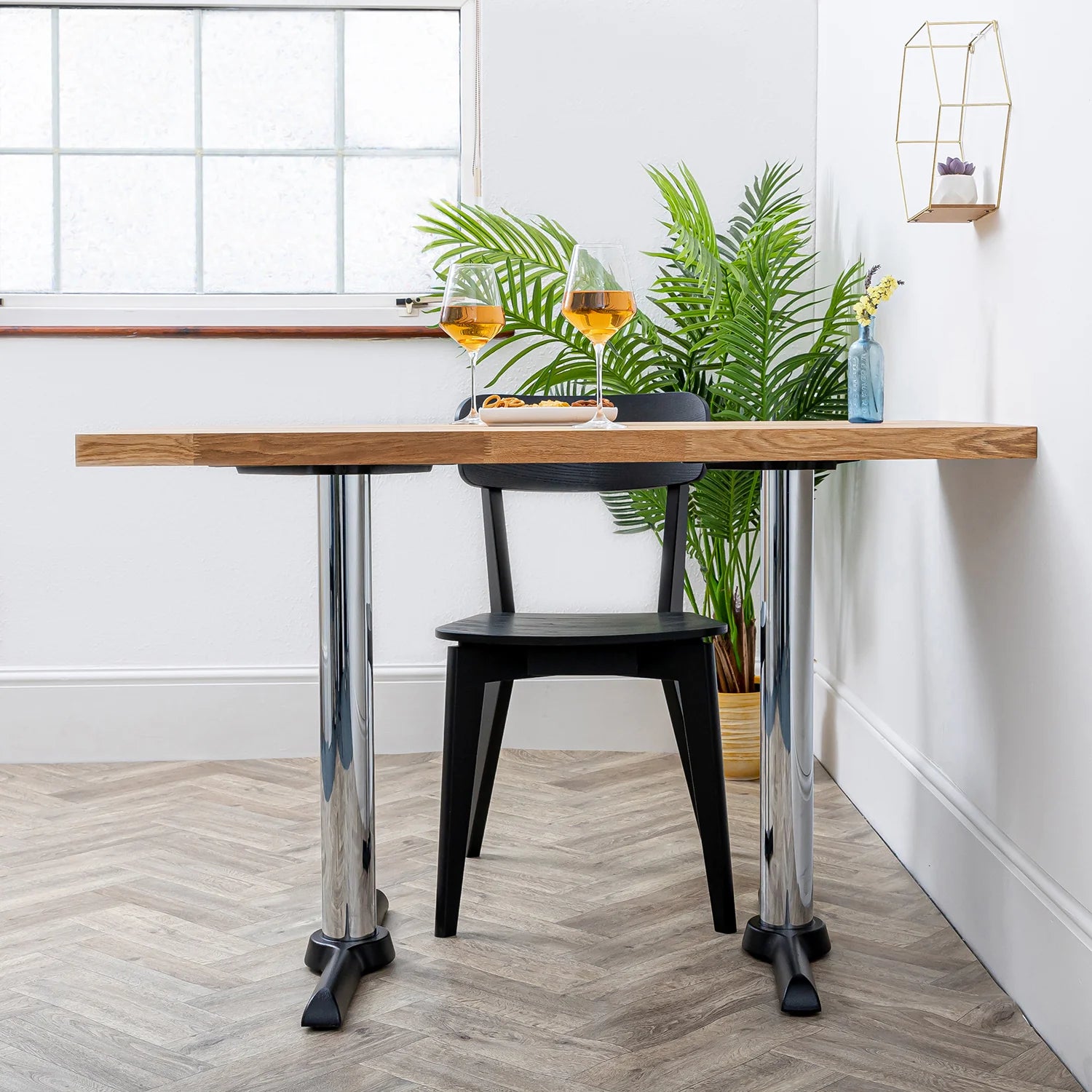 Solid Prime Oak Table with Chrome Pedestal Base