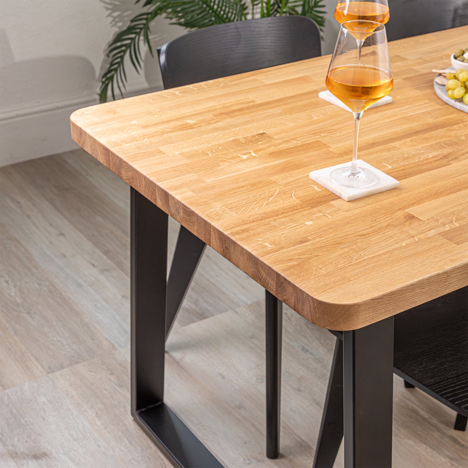 Solid Prime Oak Table with Trapezoid Metal Legs