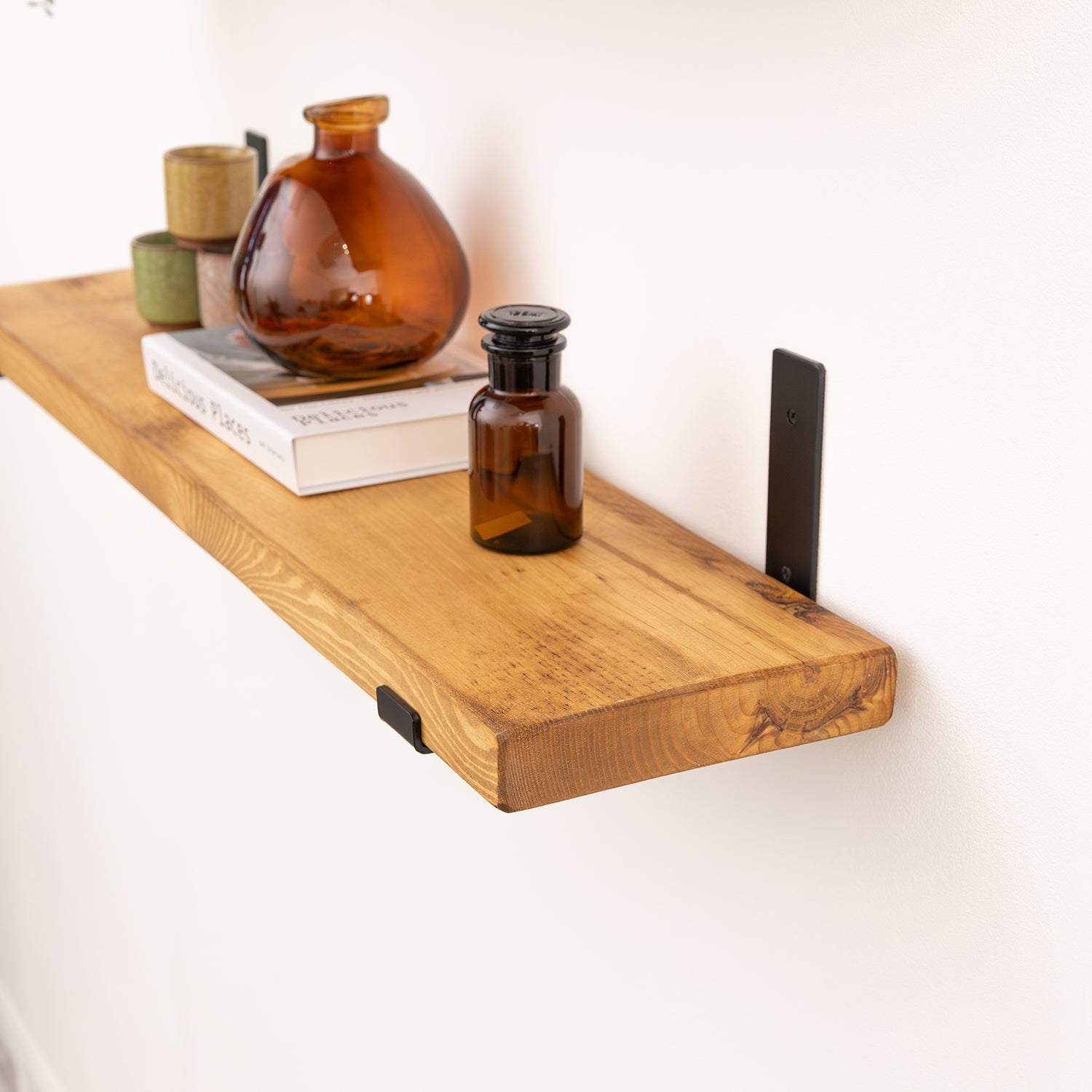 Solid Wood Shelf - Medium Brown with Black Up-Style Scaffolding Brackets