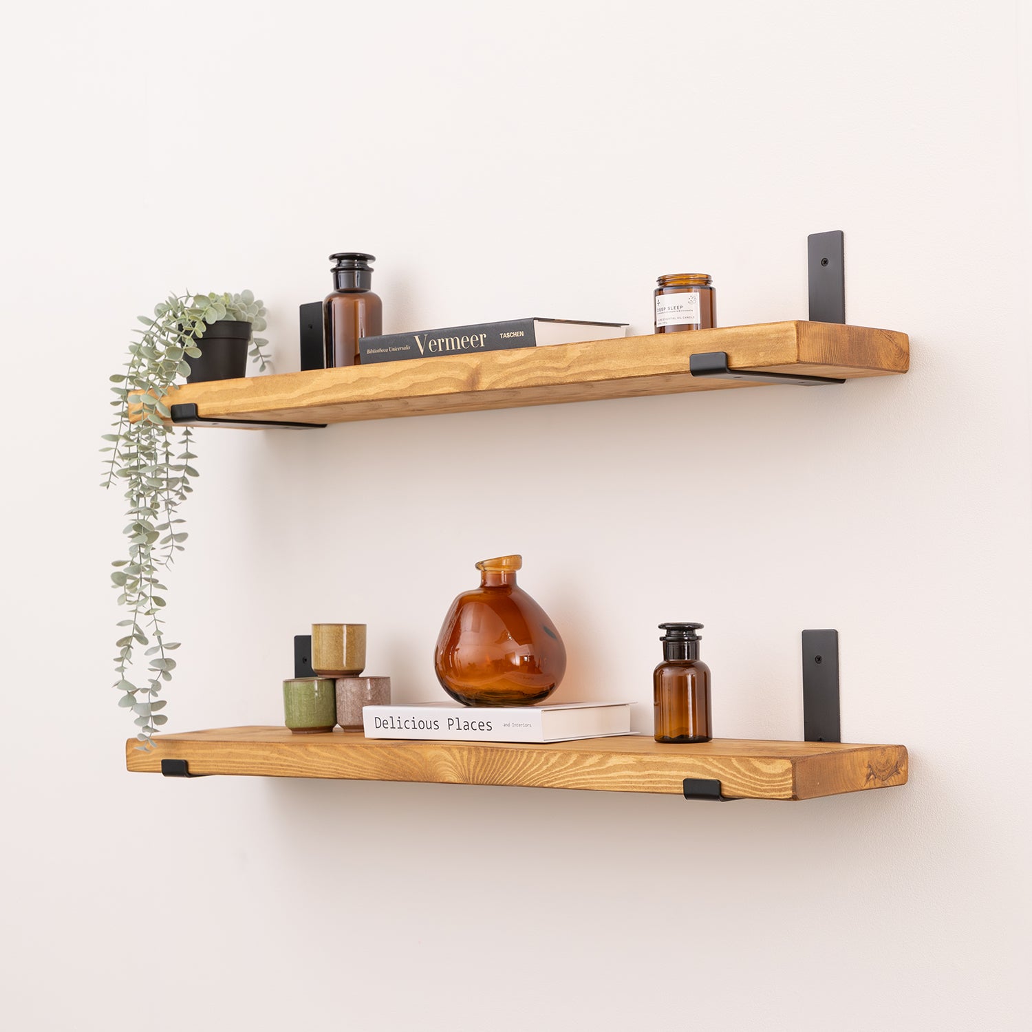 Solid Wood Shelf - Medium Brown with Black Up-Style Scaffolding Brackets