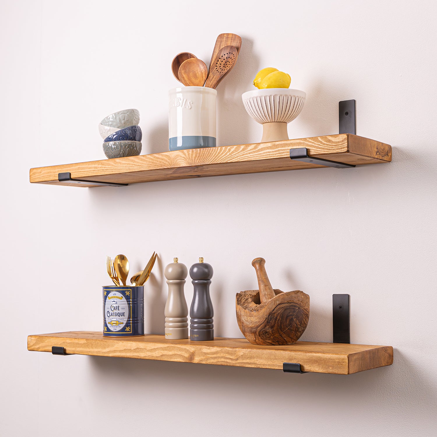 Solid Wood Shelf - Rustic Pine with Black Up-Style Scaffolding Brackets