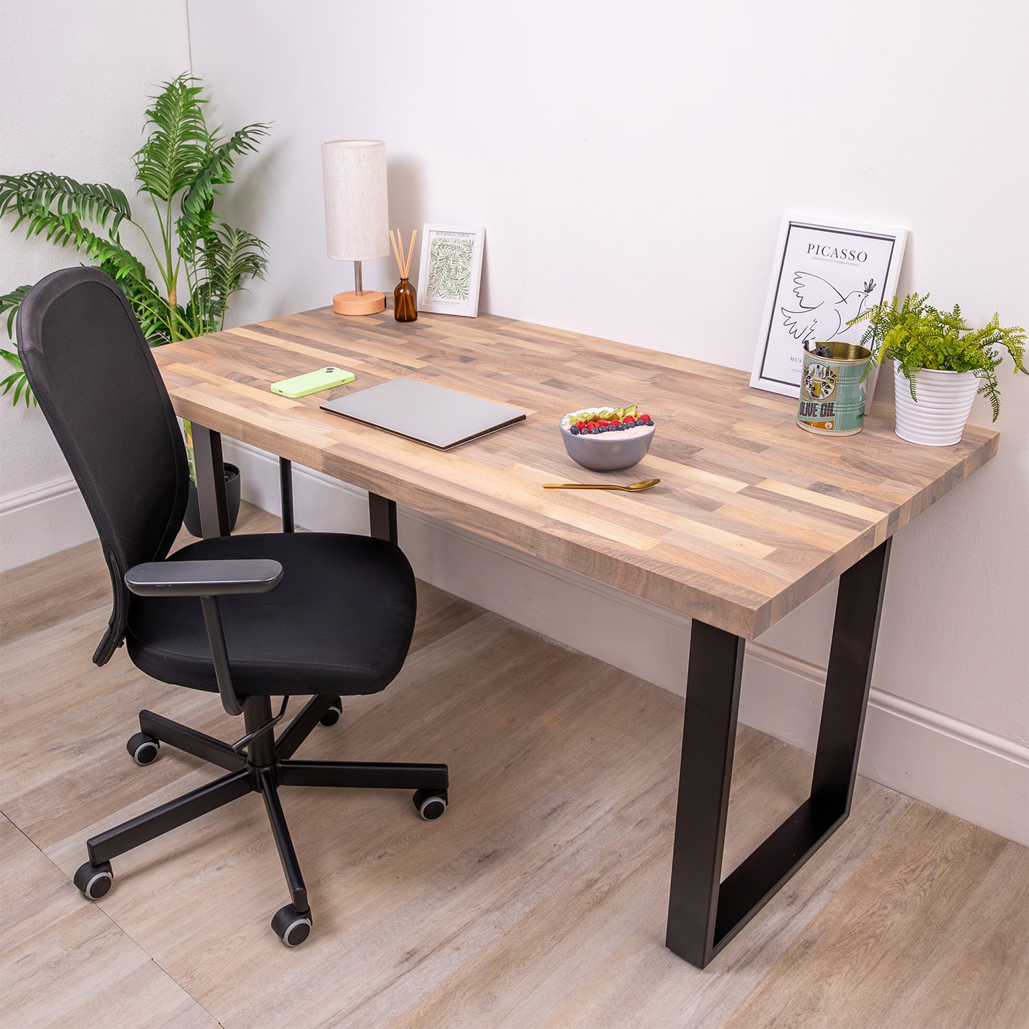 Walnut Solid Wood Desk with Square Metal Legs (Sanded)