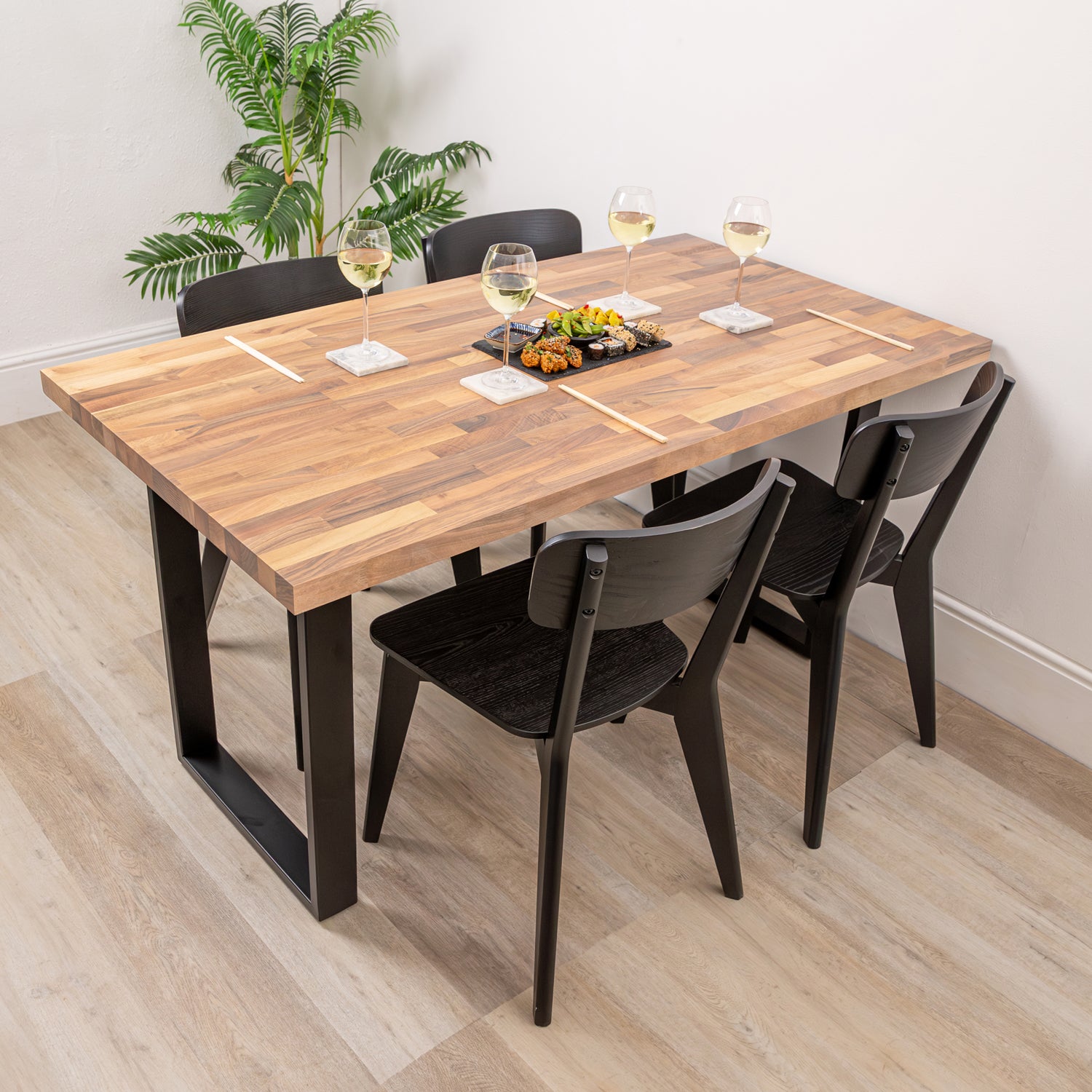 Walnut Solid Wood Table with Square Metal Legs (Sanded)