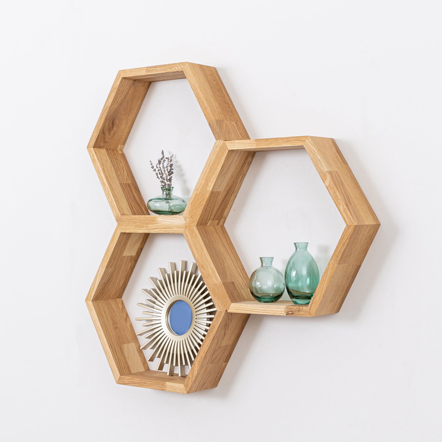 Hexagon shape wood 2024 wall shelf